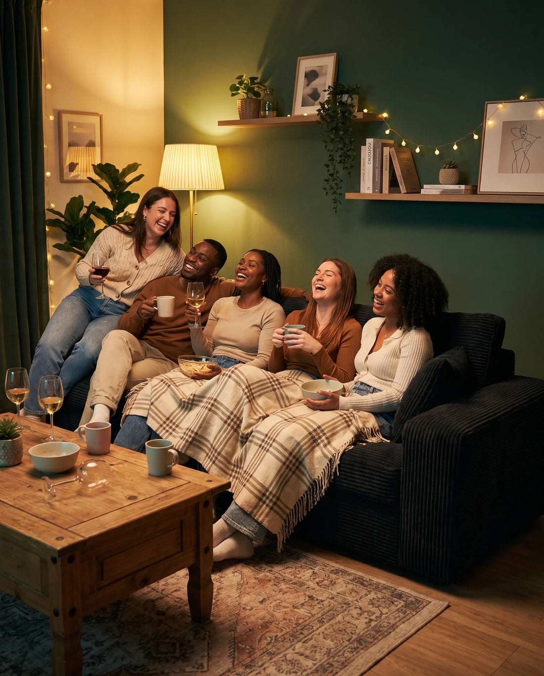 Des amis réunis sous un plaid sur un canapé noir, pour une soirée