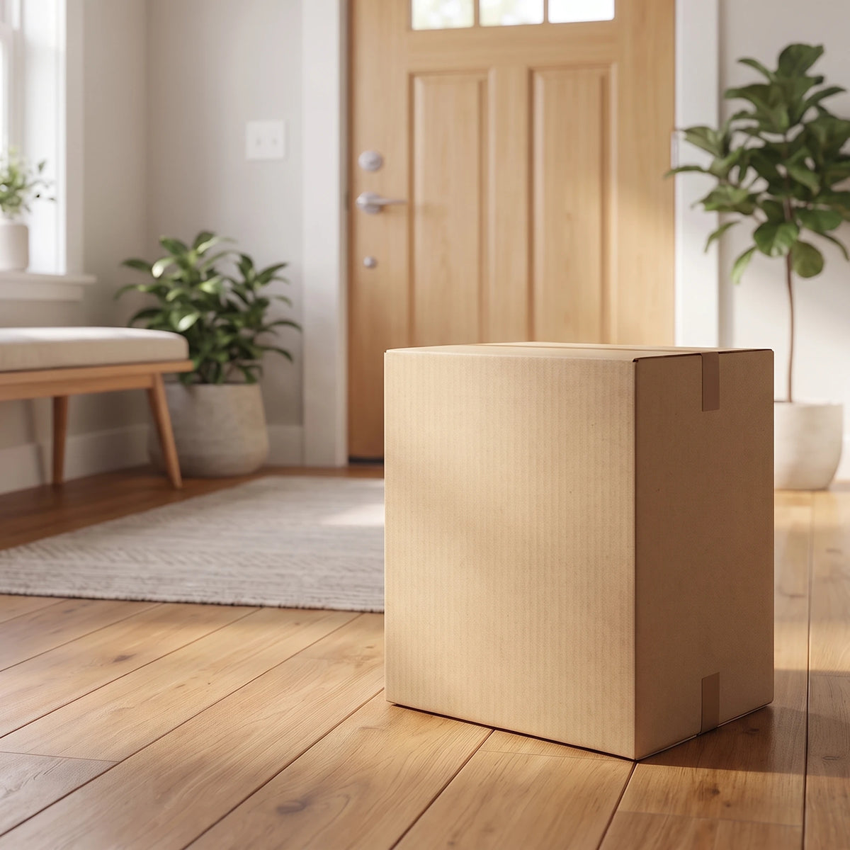 Un carton compact posé dans une entrée