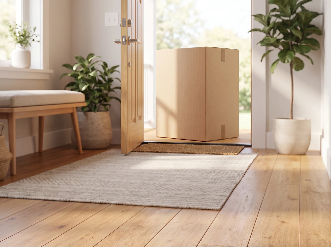 Un carton compact qui franchit le seuil d'une porte d'entrée